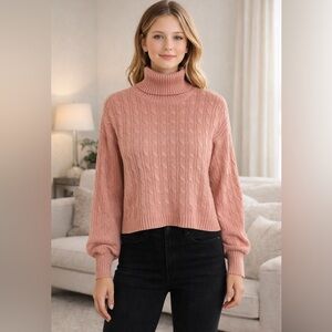 Ambiance Apparel Women’s Cable Knit Turtleneck Cropped Sweater Cozy Pink Size L